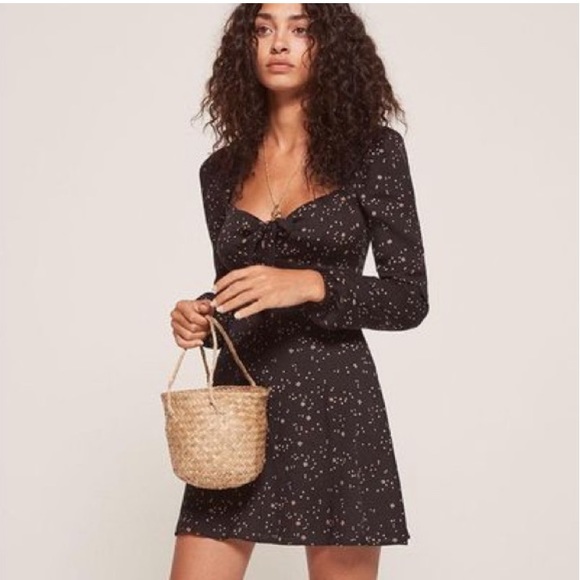 Reformation Dress Valentine Black Star PrintSweetheart Neck Mini Dress Size 2P - Picture 14 of 14